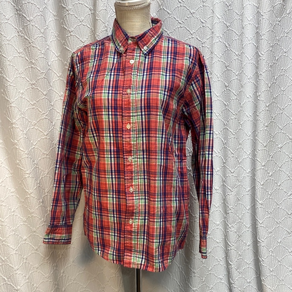 JK Designs size XL Big Boys  Multicolor Plaid Kids Button Down ‎ coral & blue